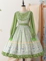Green/Blue Cat Print Embroidery Long Sleeves Sweet Lolita OP Dress