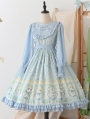 Green/Blue Cat Print Embroidery Long Sleeves Sweet Lolita OP Dress