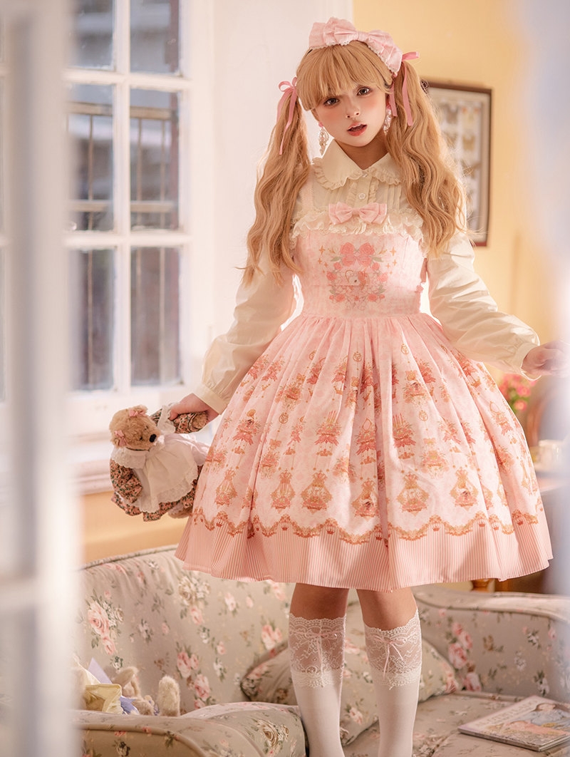 Pink Rose Garden Bunny Printing Sweet Lolita JSK Dress