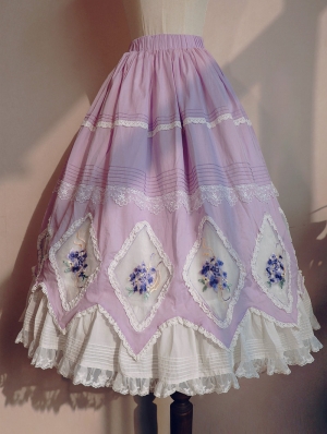 Beige/Purple Floral Embroidery Pleated Long Classic Lolita Skirt