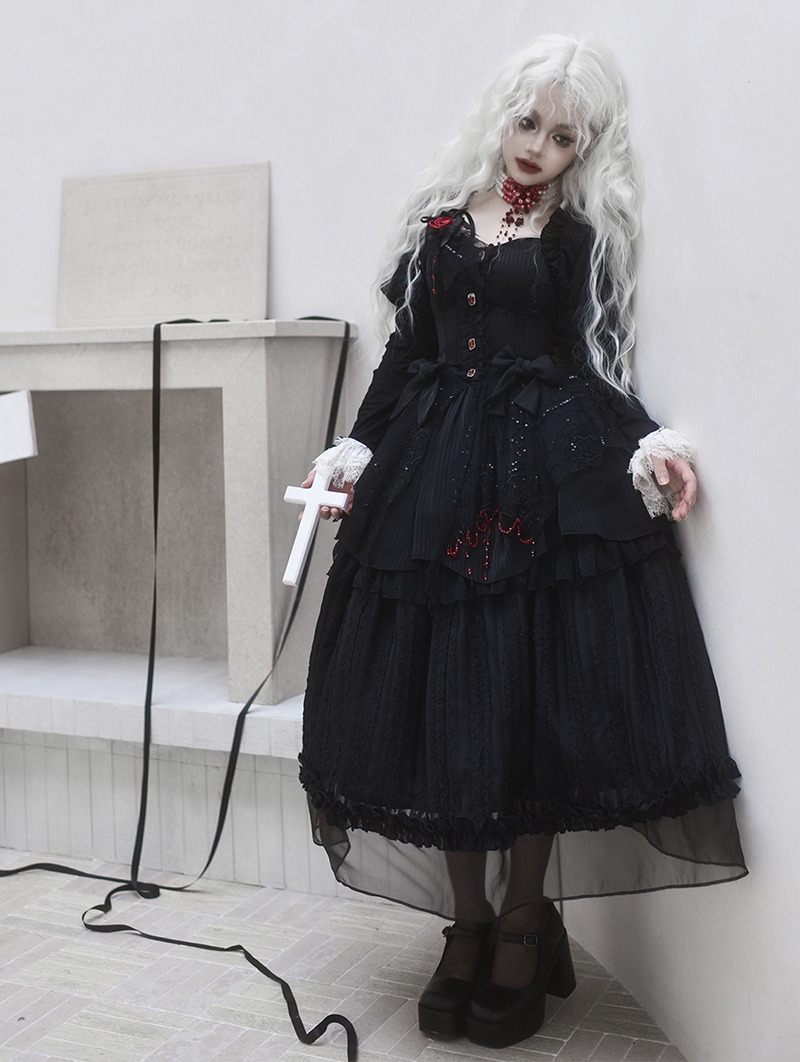 Black/White Spider Web Embroidery Long-Sleeved Gothic Lolita OP Dress