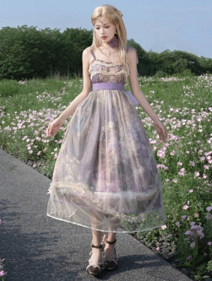 Purple Blooming Oil Painting Print Sweet Lolita JSK Dress