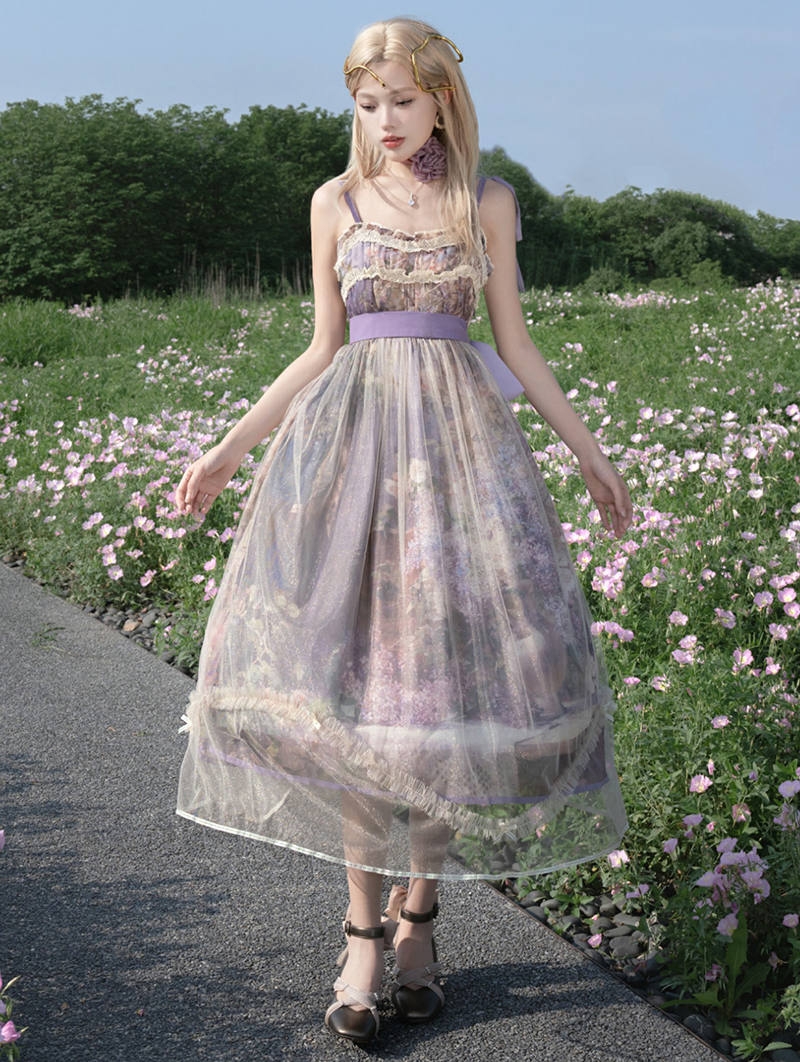 Purple Blooming Oil Painting Print Sweet Lolita JSK Dress