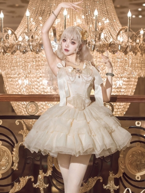 Champagne Polka Dot Jacquard Ballet Sweet Lolita Top and Skirt Set