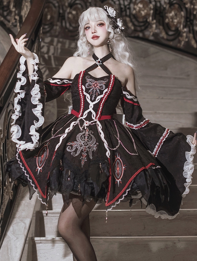 Black and Red Cthulhu Gothic Lolita JSK Dress with Detachable Sleeves