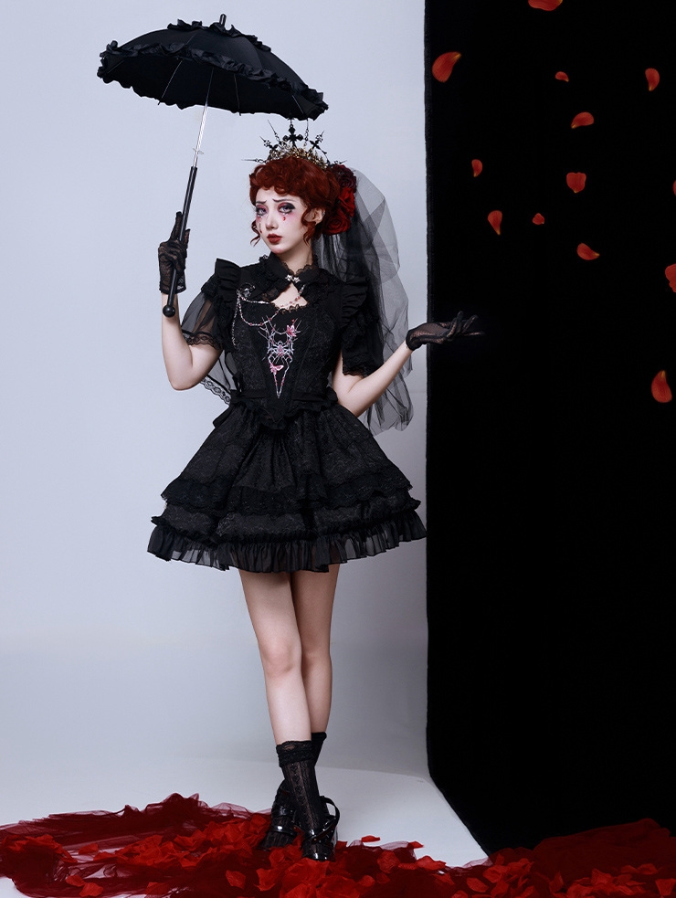Black Gothic Spider Embroidery Lace Top and Skirt Lolita Full Set
