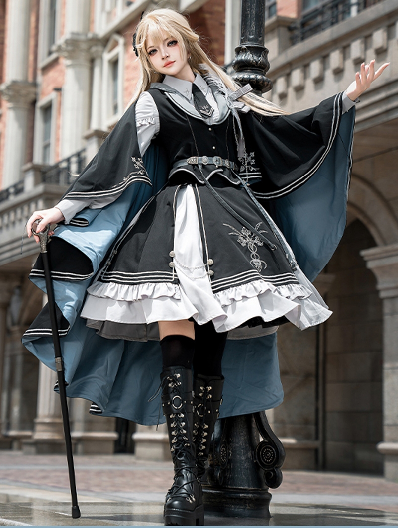 Black and Gray Cross Embroidered Military Gothic Lolita Dress Suit