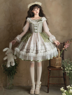 Green Teacup Rabbit Print Ruffle Neck Classic Lolita OP Dress