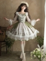 Green Teacup Rabbit Print Ruffle Neck Classic Lolita OP Dress