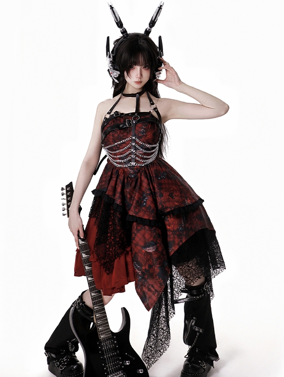 Red Bloody and Black Lace Asymmetric Gothic Lolita JSK Dress