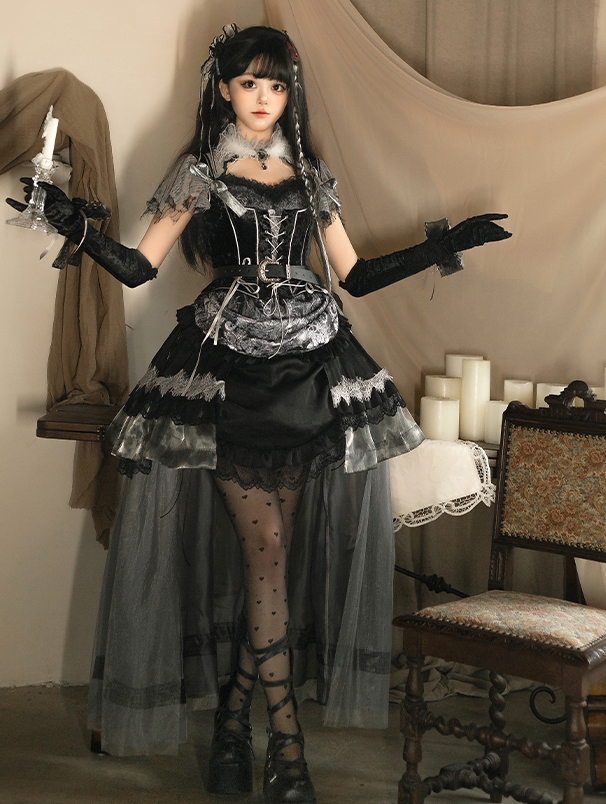 Black Dark Night Rose Print Ruffle Lace Gothic Lolita OP Dress