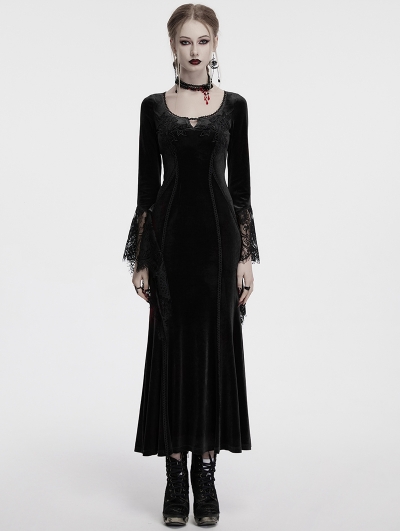 Black Gothic Velvet Long Sleeve Fishtail Maxi Dress