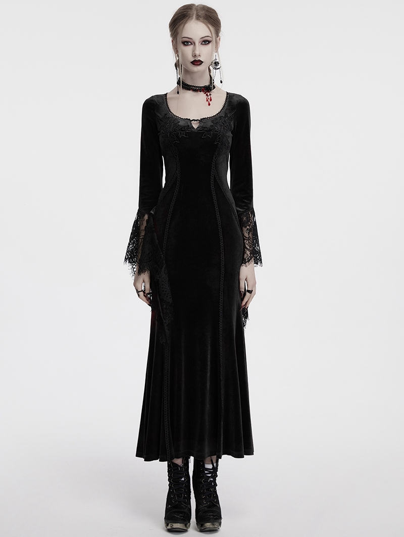 Black Gothic Velvet Long Sleeve Fishtail Maxi Dress