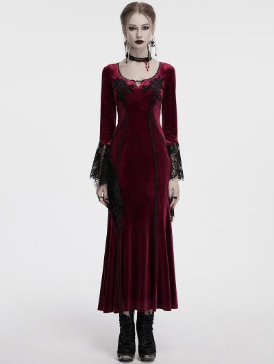 Red Gothic Velvet Long Sleeve Fishtail Maxi Dress