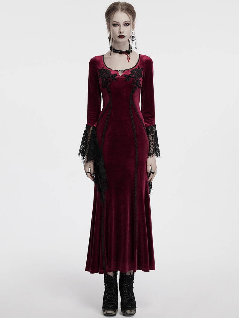 Red Gothic Velvet Long Sleeve Fishtail Maxi Dress