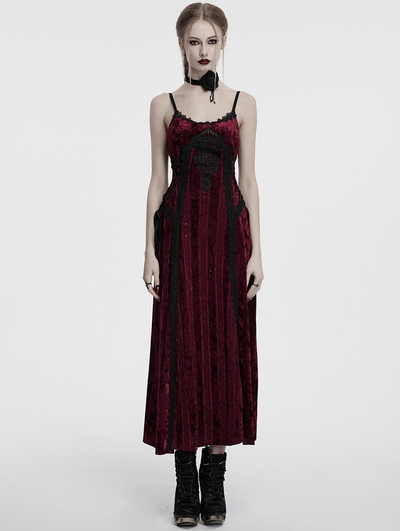 Red Gothic Embroidered Velvet Slip Long Party Dress