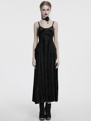 Black Gothic Embroidered Velvet Slip Long Party Dress