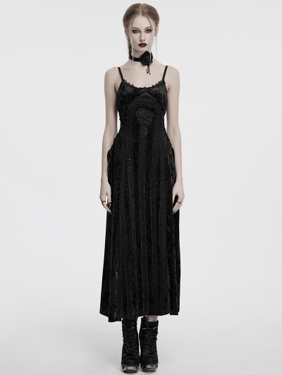 Black Gothic Embroidered Velvet Slip Long Party Dress