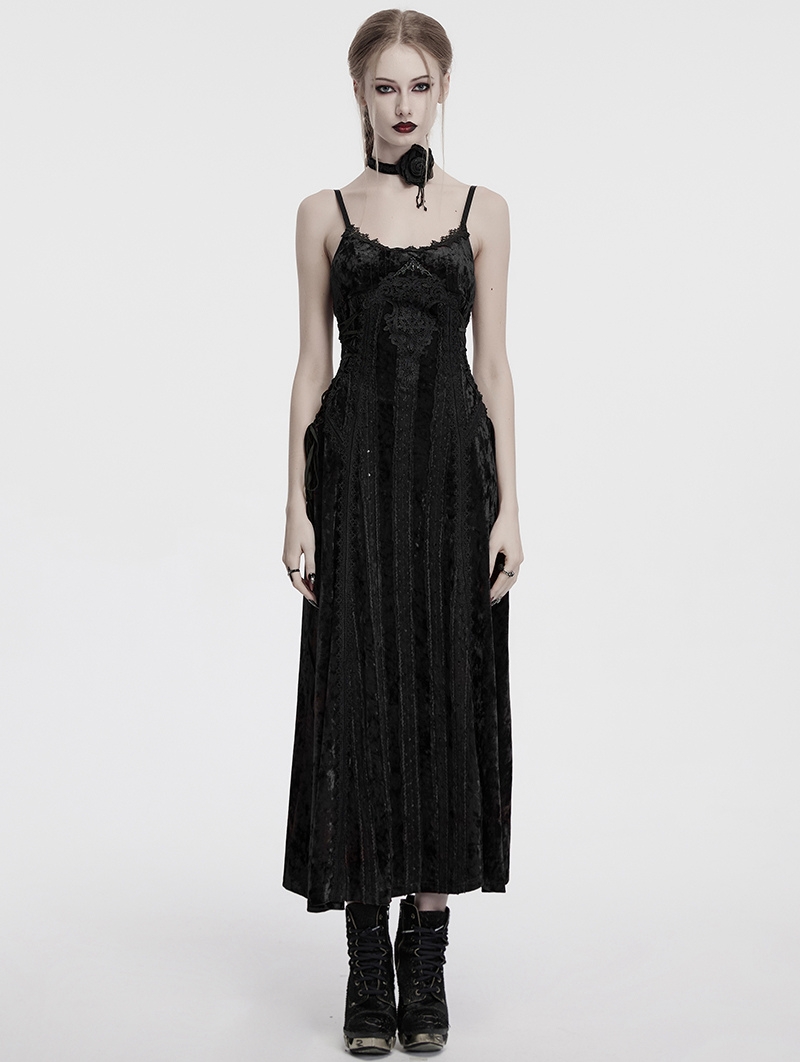 Black Gothic Embroidered Velvet Slip Long Party Dress