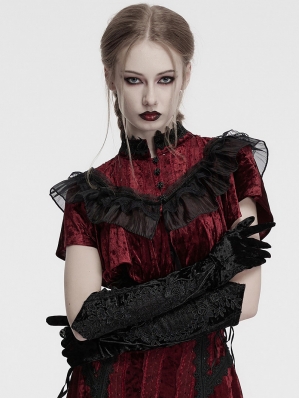 Black Gothic Retro Embroidered Velvet Gloves for Women