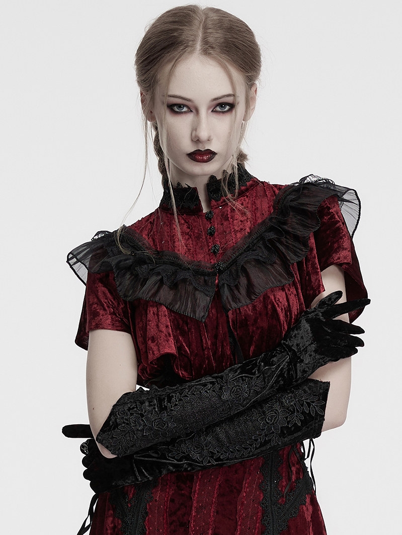 Black Gothic Retro Embroidered Velvet Gloves for Women
