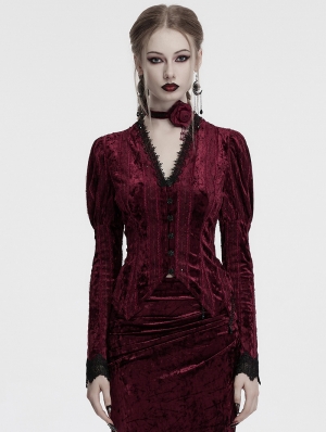 Red Gothic Lace Embroidered Velvet Gigot Sleeve Shirt for Women