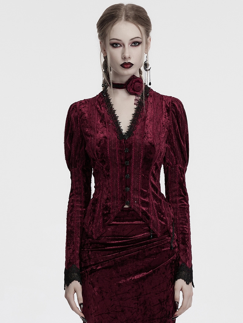 Red Gothic Lace Embroidered Velvet Gigot Sleeve Shirt for Women