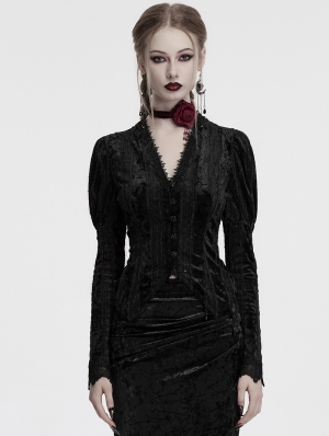 Black Gothic Lace Embroidered Velvet Gigot Sleeve Shirt for Women
