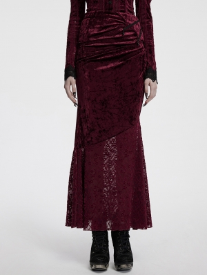 Red Gothic Elegant Velvet Lace Asymmetrical Fishtail Skirt