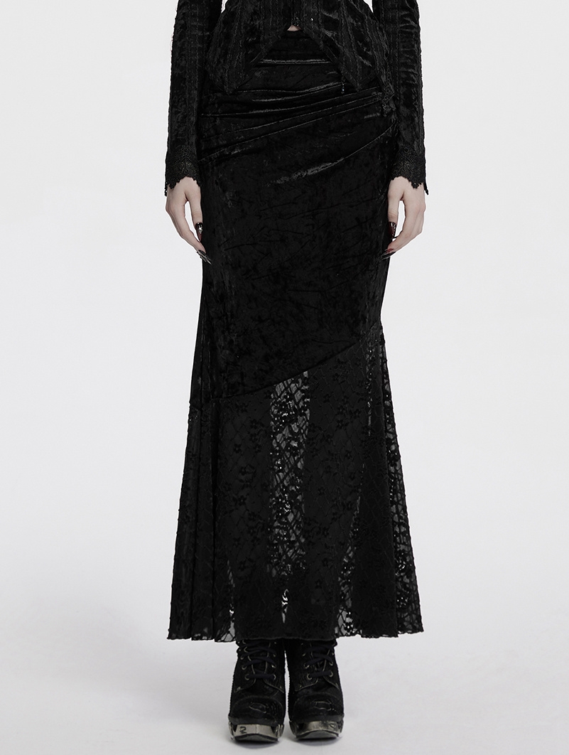 Black Gothic Elegant Velvet Lace Asymmetrical Fishtail Skirt