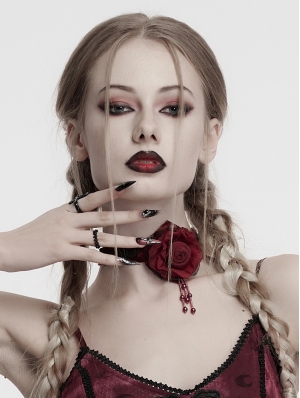 Red Gothic Vintage Burning Rose Bead Chain Choker