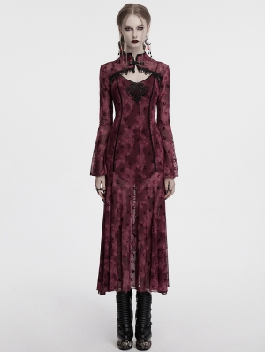 Red Sexy Gothic Crescent Print Mesh Two-Piece Long Fishtail Dress