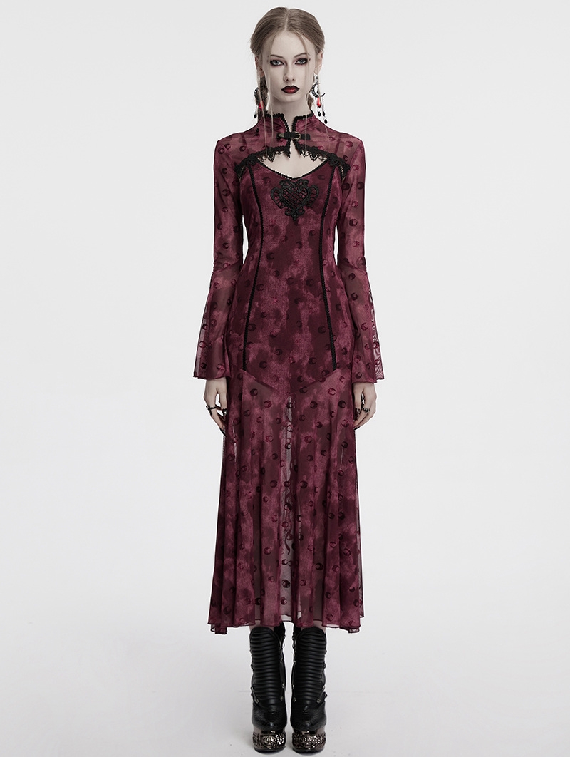 Red Sexy Gothic Crescent Print Mesh Two-Piece Long Fishtail Dress