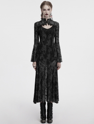 Grey Sexy Gothic Crescent Print Mesh Two-Piece Long Fishtail Dress