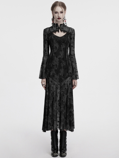 Grey Sexy Gothic Crescent Print Mesh Two-Piece Long Fishtail Dress