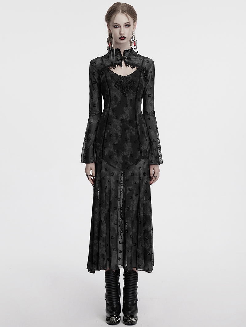 Grey Sexy Gothic Crescent Print Mesh Two-Piece Long Fishtail Dress