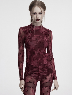 Red Gothic Crescent Hollowed Print Mesh Long Sleeve T-Shirt for Women