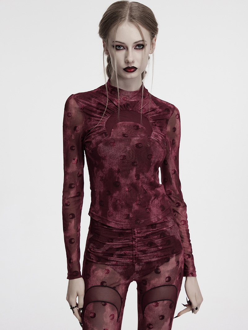 Red Gothic Crescent Hollowed Print Mesh Long Sleeve T-Shirt for Women