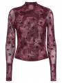 Red Gothic Crescent Hollowed Print Mesh Long Sleeve T-Shirt for Women
