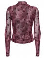 Red Gothic Crescent Hollowed Print Mesh Long Sleeve T-Shirt for Women