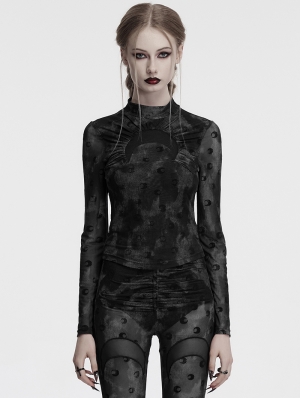 Grey Gothic Crescent Hollowed Print Mesh Long Sleeve T-Shirt for Women