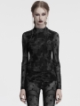 Grey Gothic Crescent Hollowed Print Mesh Long Sleeve T-Shirt for Women