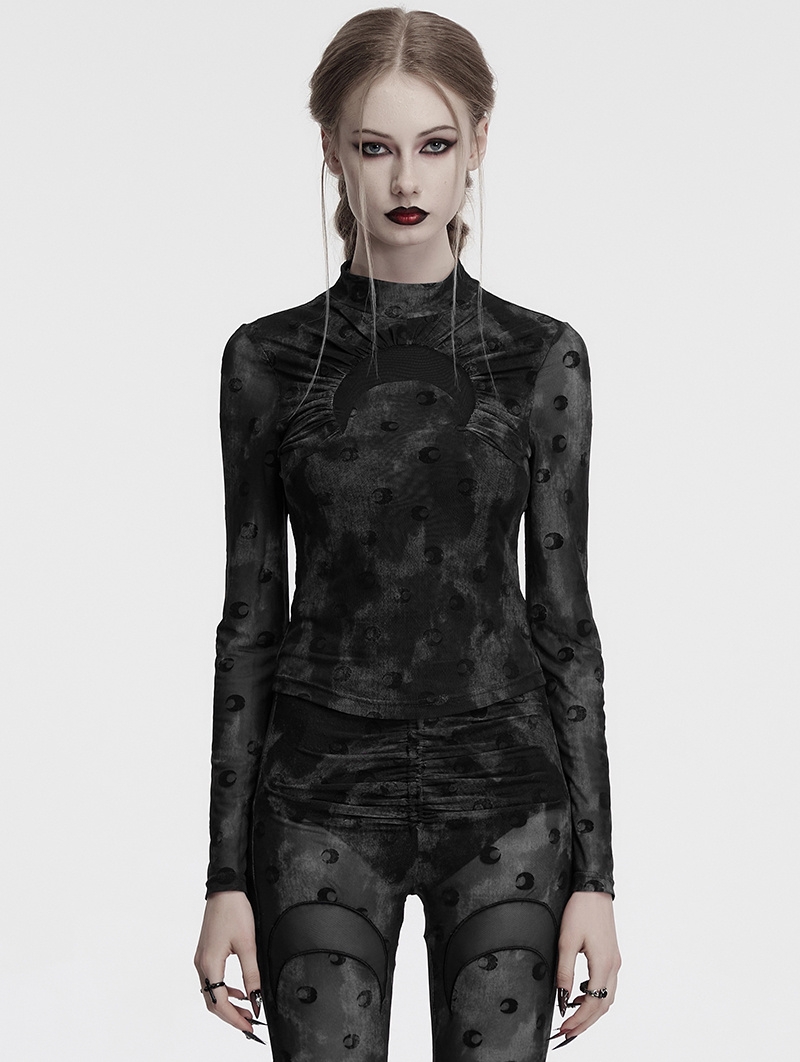 Grey Gothic Crescent Hollowed Print Mesh Long Sleeve T-Shirt for Women
