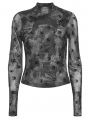 Grey Gothic Crescent Hollowed Print Mesh Long Sleeve T-Shirt for Women