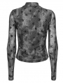 Grey Gothic Crescent Hollowed Print Mesh Long Sleeve T-Shirt for Women