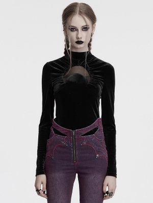 Black Gothic Crescent Hollowed Print Velvet Long Sleeve T-Shirt for Women