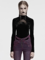 Black Gothic Crescent Hollowed Print Velvet Long Sleeve T-Shirt for Women