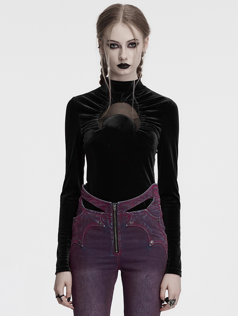 Black Gothic Crescent Hollowed Print Velvet Long Sleeve T-Shirt for Women