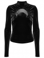 Black Gothic Crescent Hollowed Print Velvet Long Sleeve T-Shirt for Women