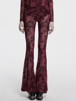 Red Gothic Crescent Hollowed Printed Mesh Long Flare Pants for Women